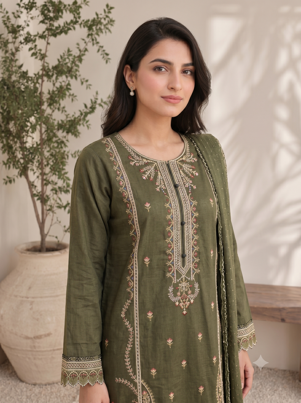 Olive Green | 3 Piece Lawn | Portia Fabrics