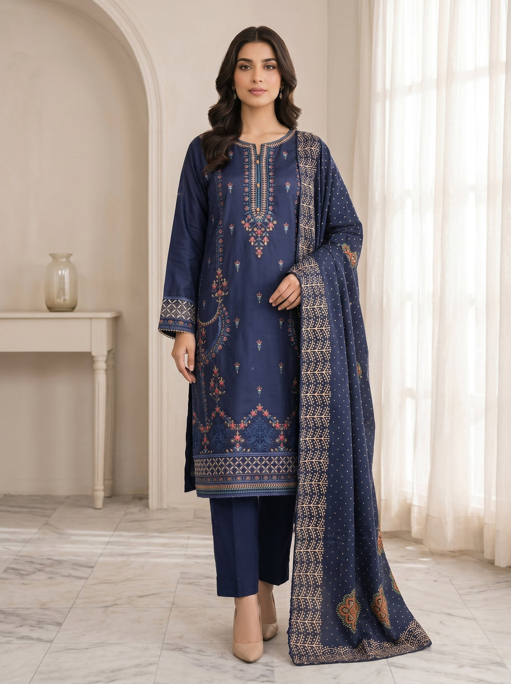 Navy Blue 3 Piece Lawn | Portia Fabrics