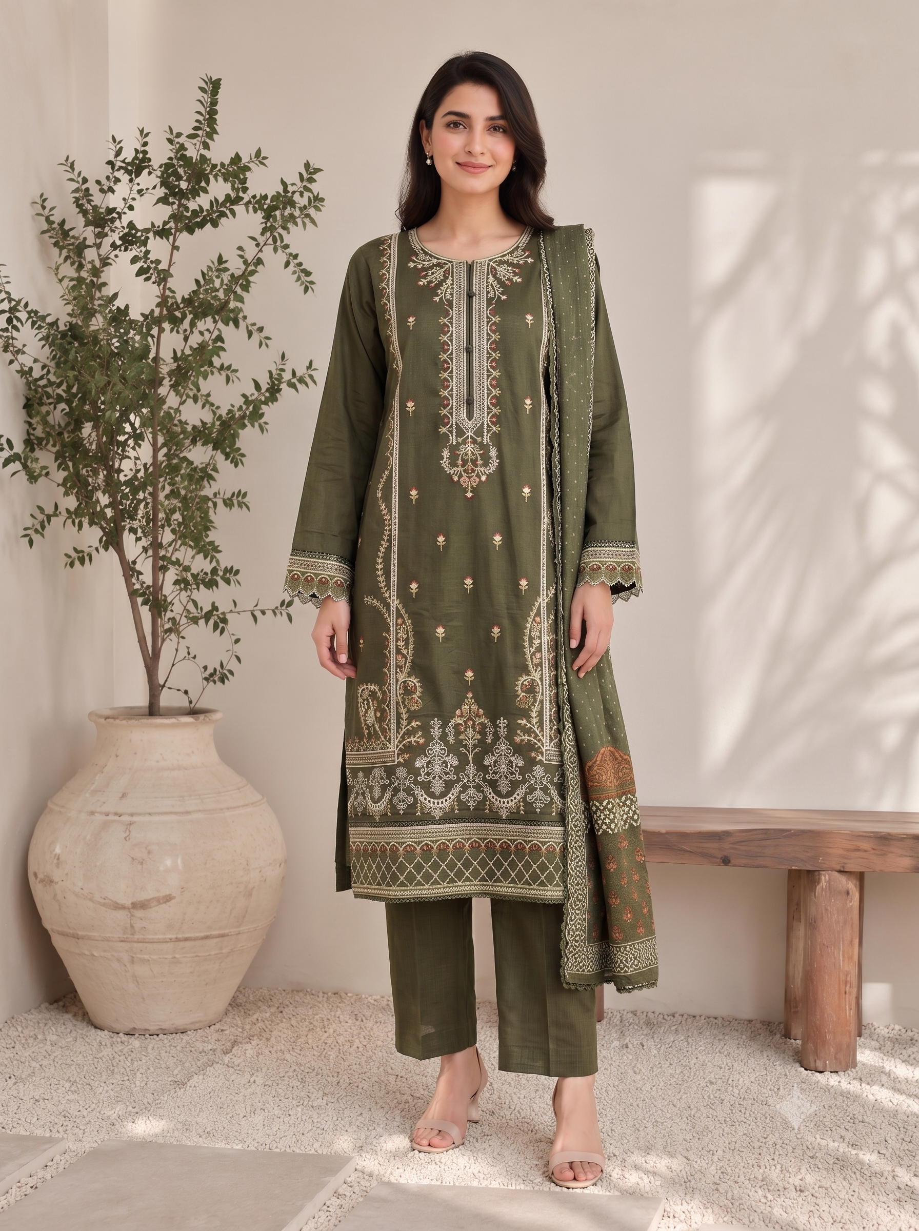 Olive Green | 3 Piece Lawn | Portia Fabrics Main image