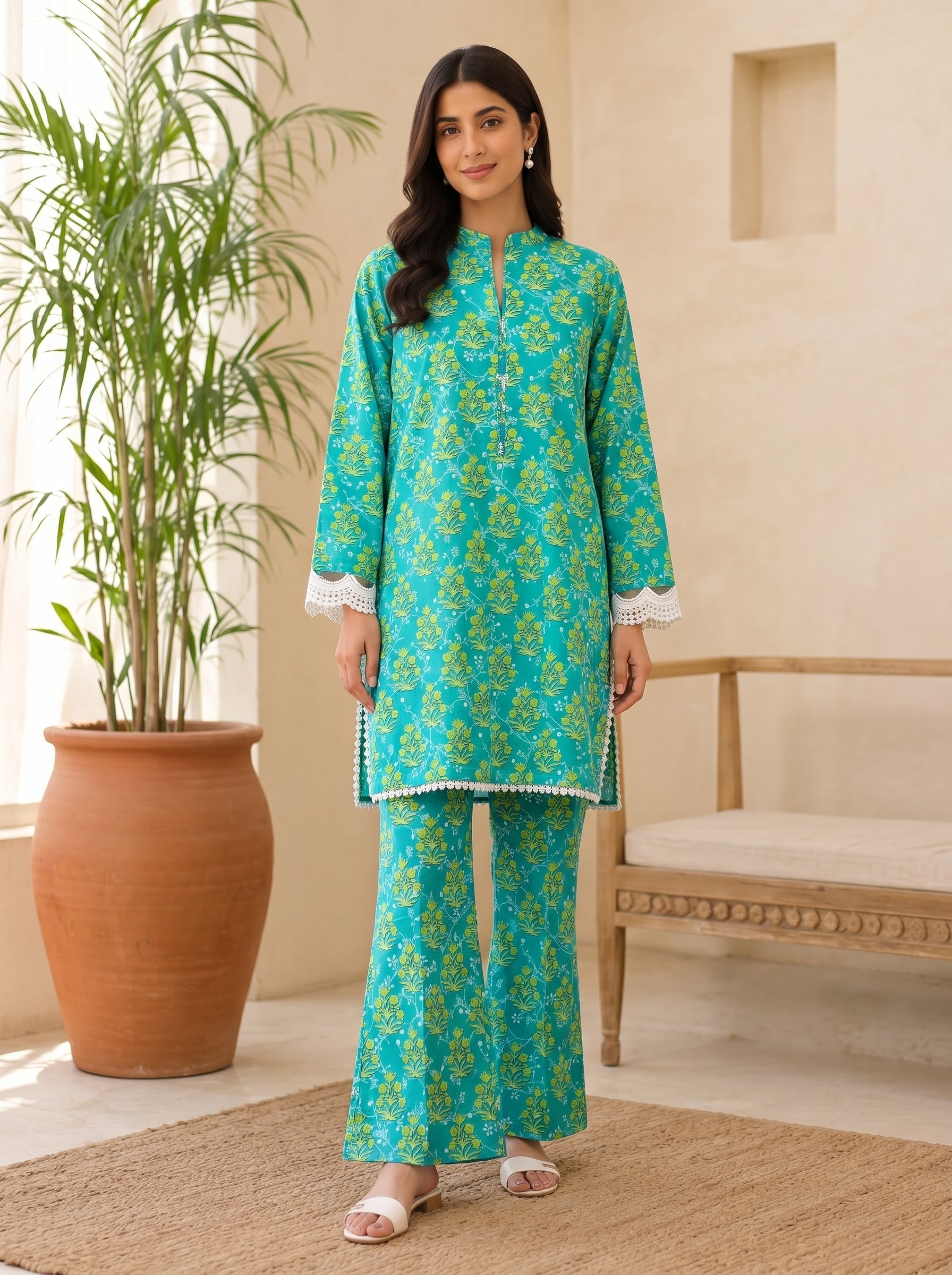 Teal-green-2 Piece Lawn | Portia Fabrics