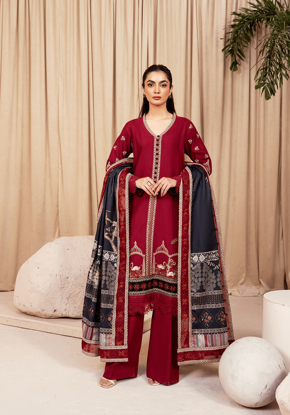 CRIMSON ECHO I The Winter Edt- Luxe Pret '25 I Zarqash - Portia Fabrics