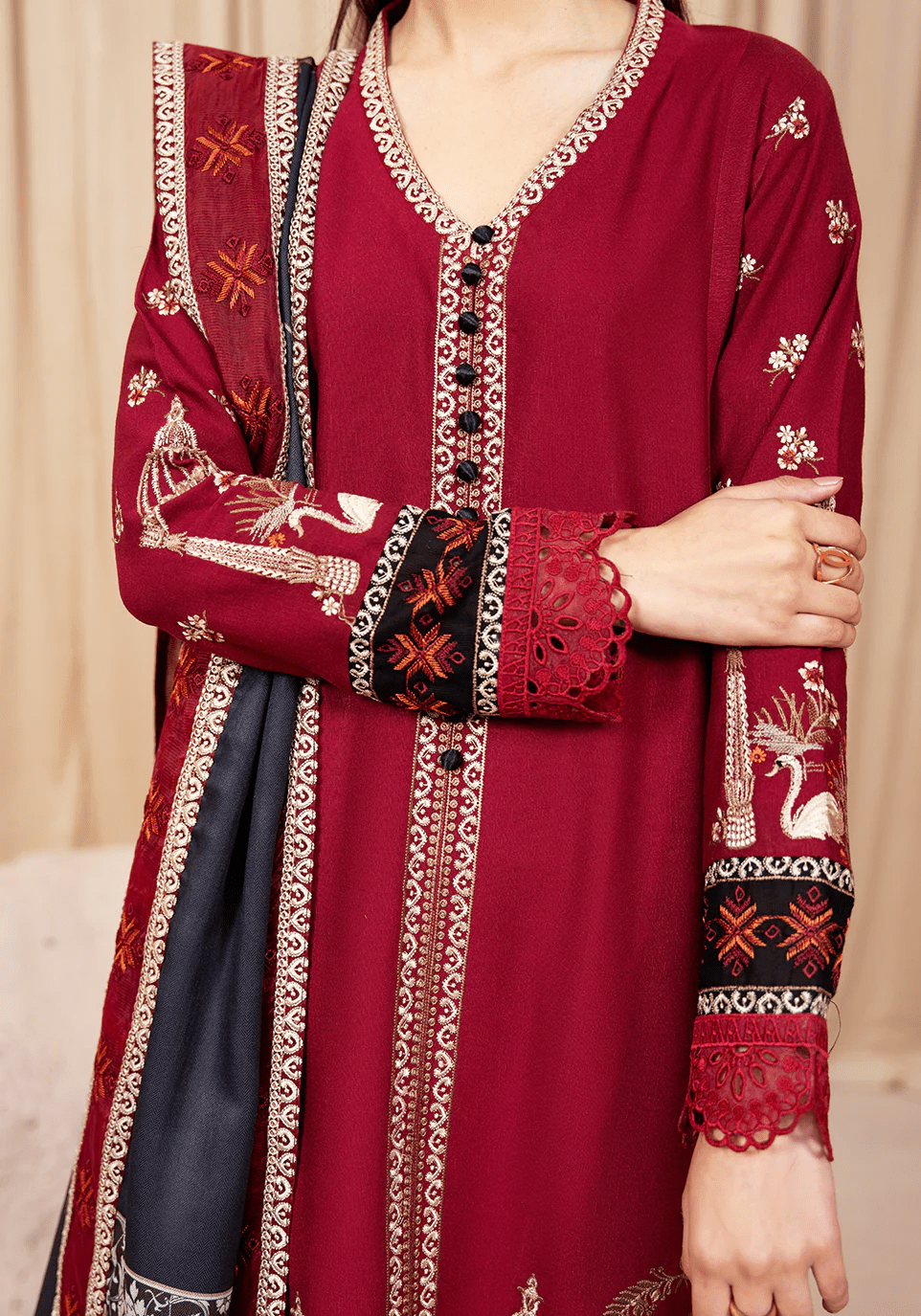 CRIMSON ECHO I The Winter Edt- Luxe Pret '25 I Zarqash - Portia Fabrics