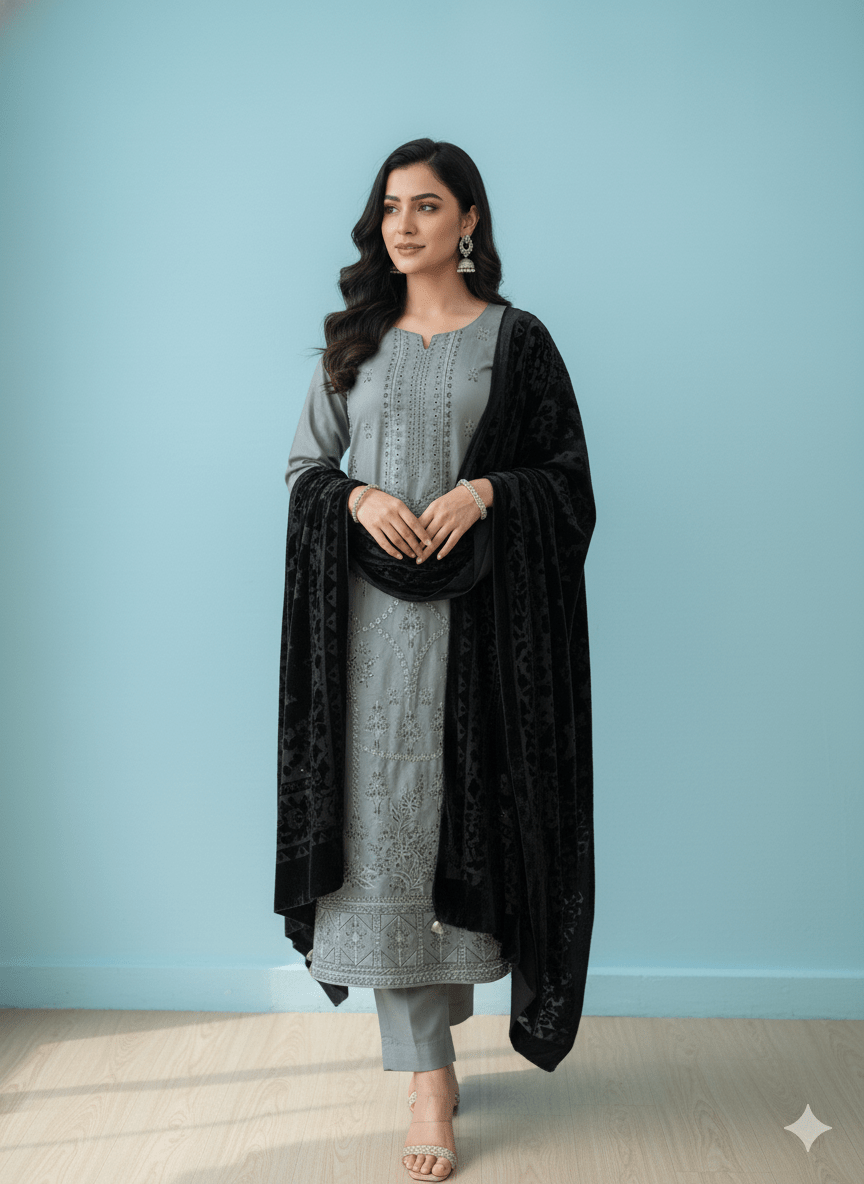 D8 I 3 piece unstitch Marina Suit with Palachi Shawl I Portia Fabrics - Portia Fabrics