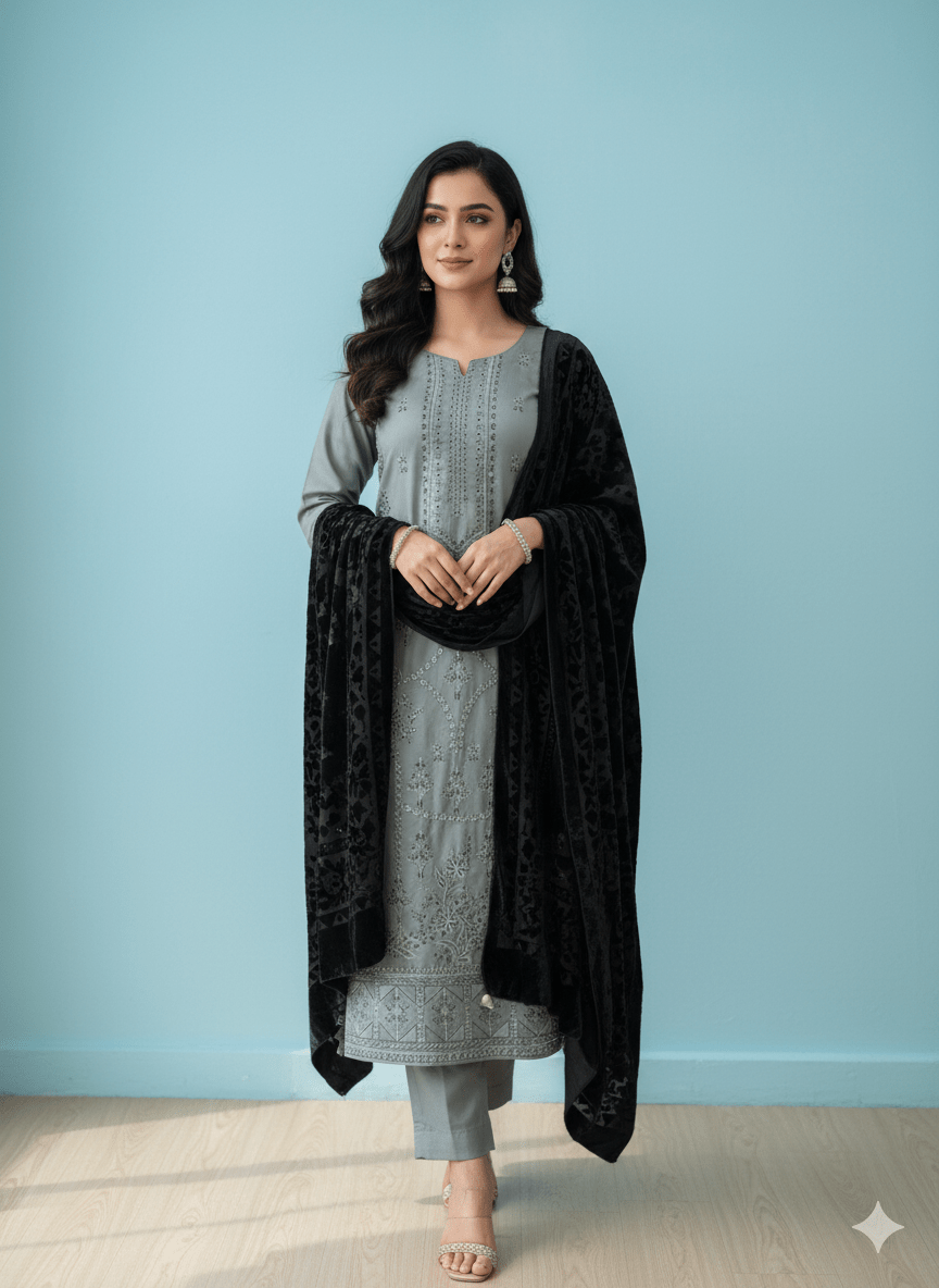 D8 I 3 piece unstitch Marina Suit with Palachi Shawl I Portia Fabrics - Portia Fabrics