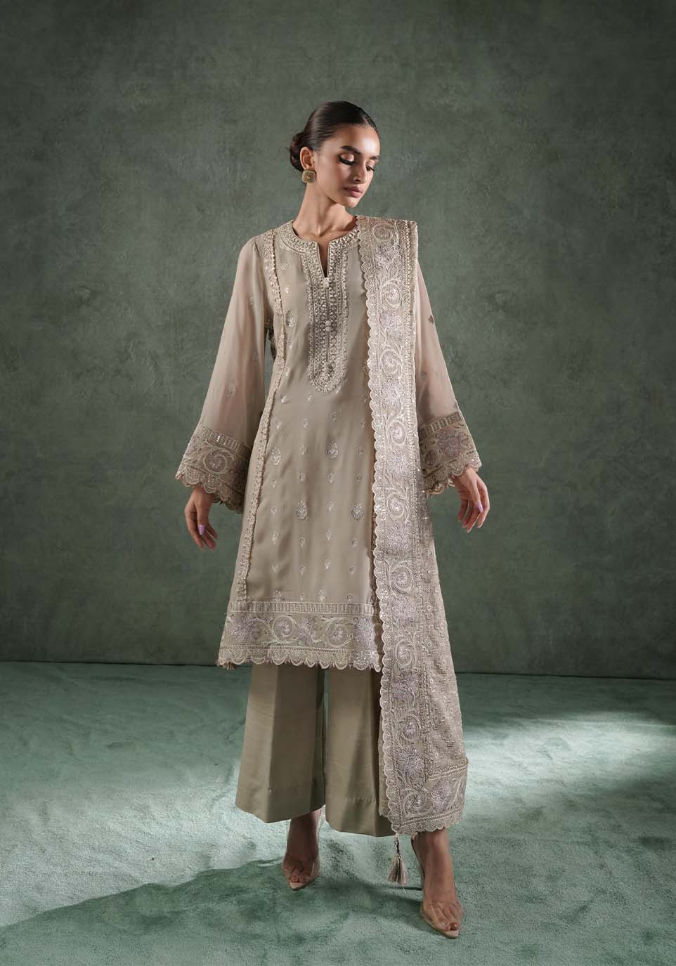 ZQL 007A HAZEL | Lakhnawi Festive Chiffon Collection '24 | Zarqash - Portia Fabrics